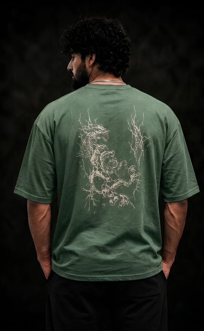 Olive drop shoulder oversized t-shirt with Dragon Breakout print - Elitewear X