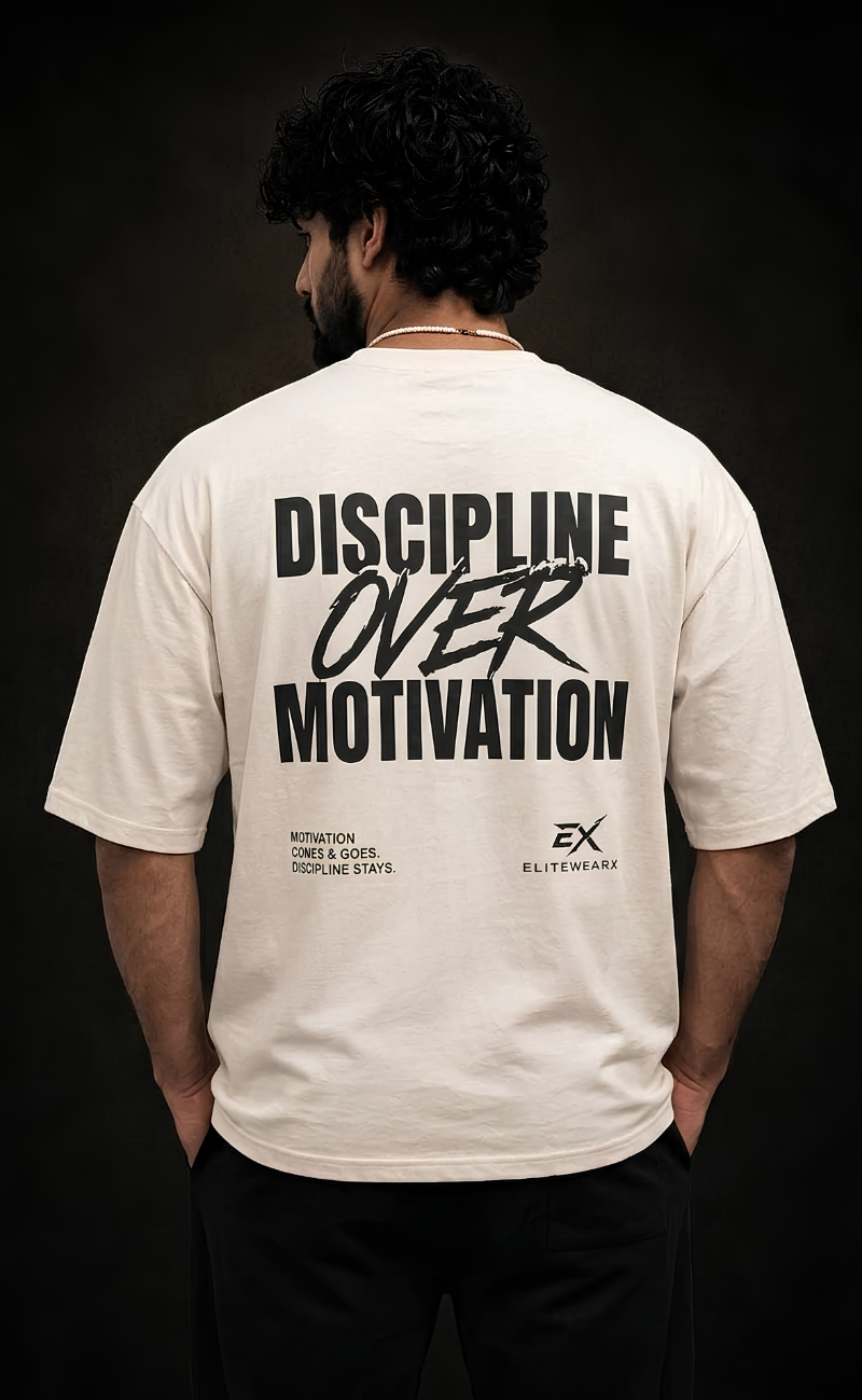Skin tone oversized streetwear t-shirt with Discipline Over Motivation print -
Elitewear X