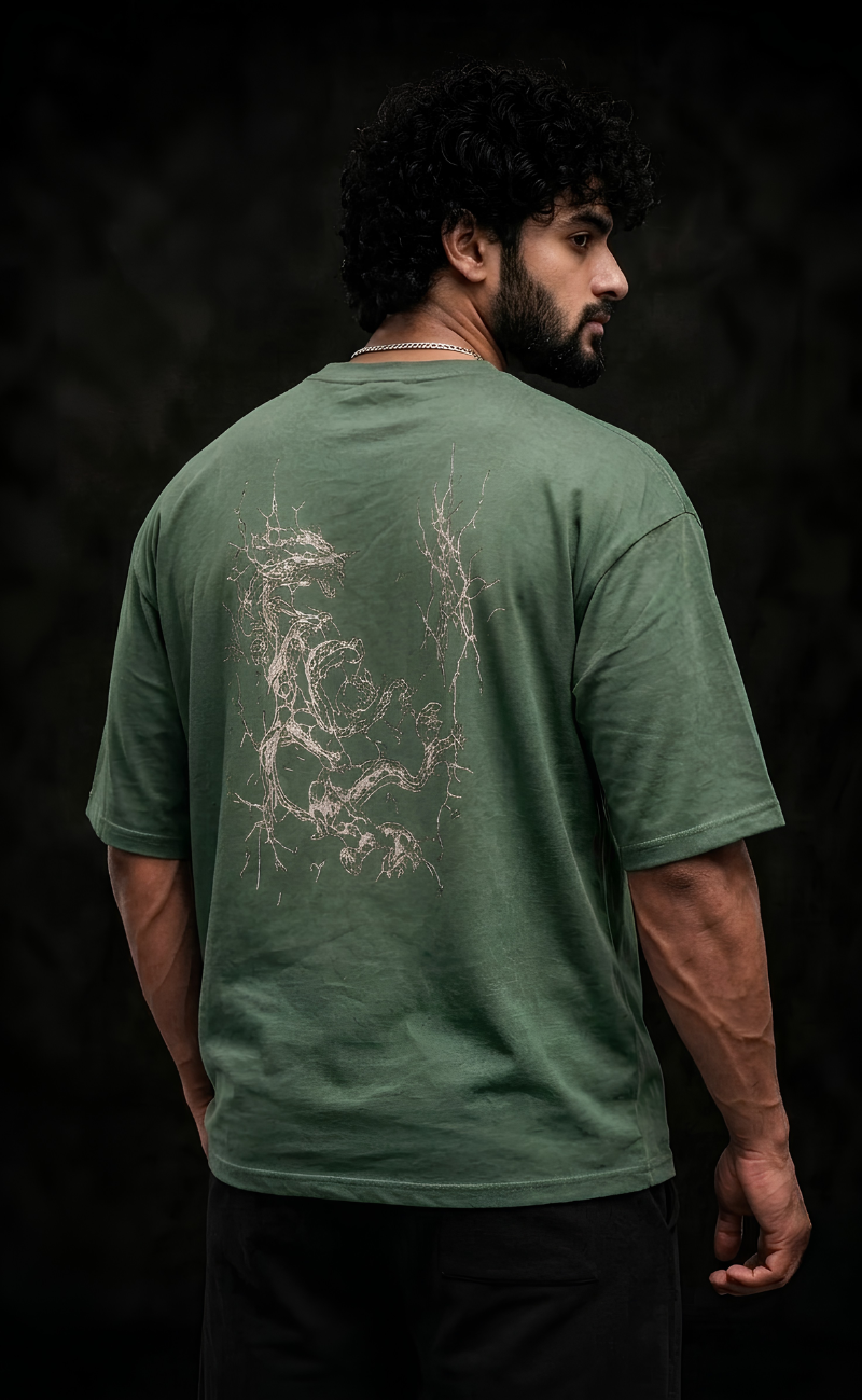 Olive drop shoulder oversized t-shirt with Dragon Breakout print - Elitewear X