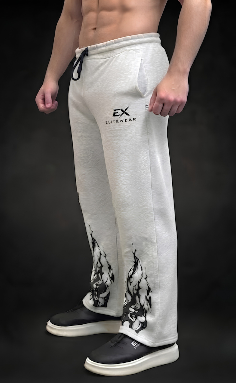 Grey baggy trouser with flame graphic print at hem - Elitewear 