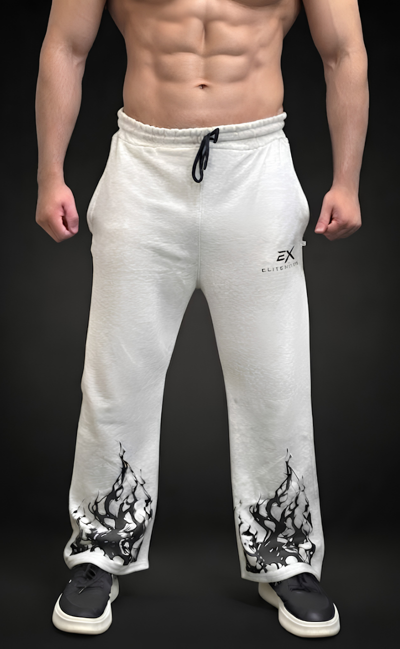 Grey baggy trouser with flame graphic print at hem - Elitewear 