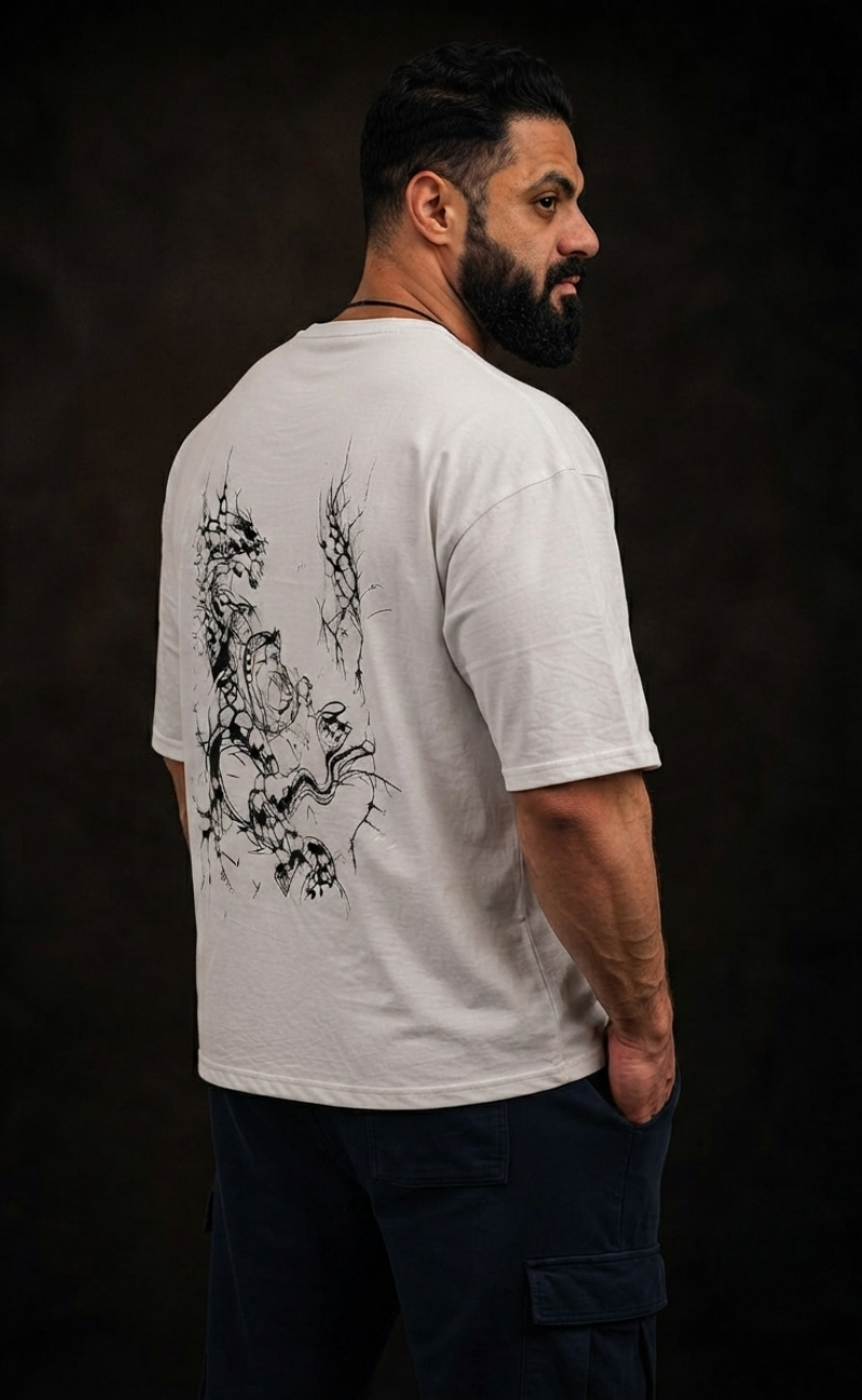 Skin tone drop shoulder oversized t-shirt with Dragon Breakout print - Elitewear
X
