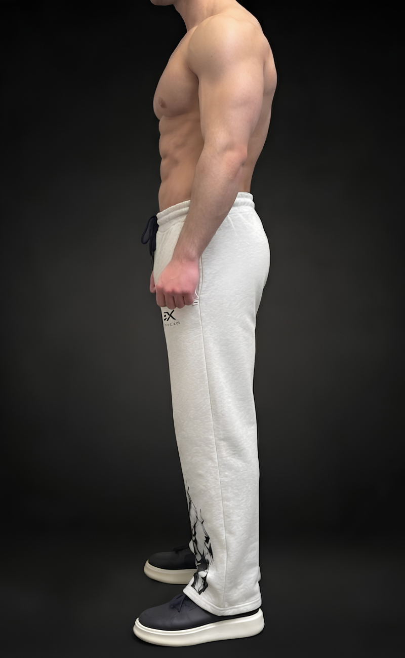 Grey baggy trouser with flame graphic print at hem - Elitewear 