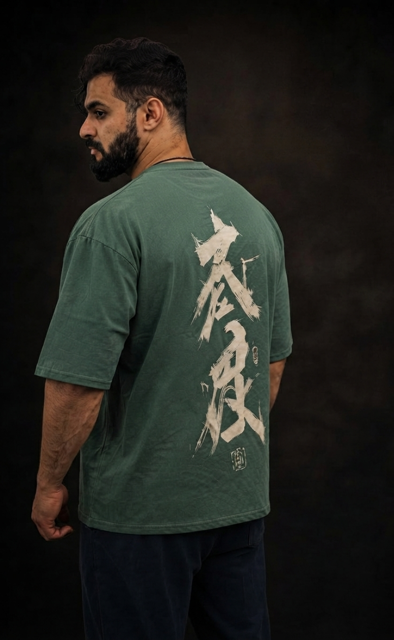 Olive oversized t-shirt with Chinese Writing graphic print - Elitewear X