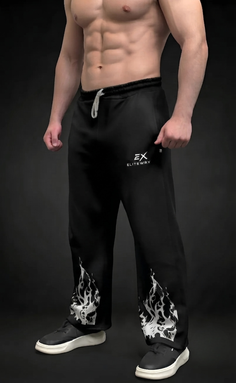 Black baggy trouser with flame graphic print at hem - Elitewear X