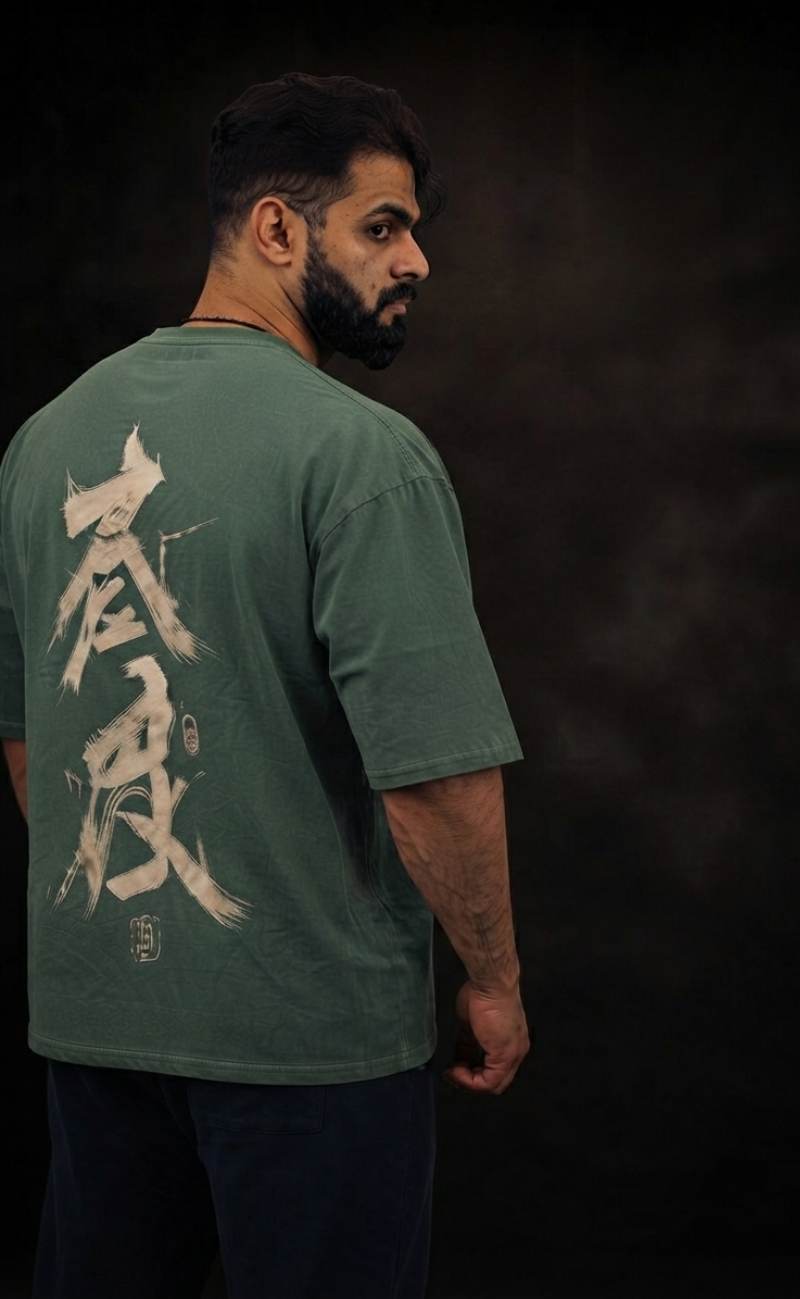 Olive oversized t-shirt with Chinese Writing graphic print - Elitewear X