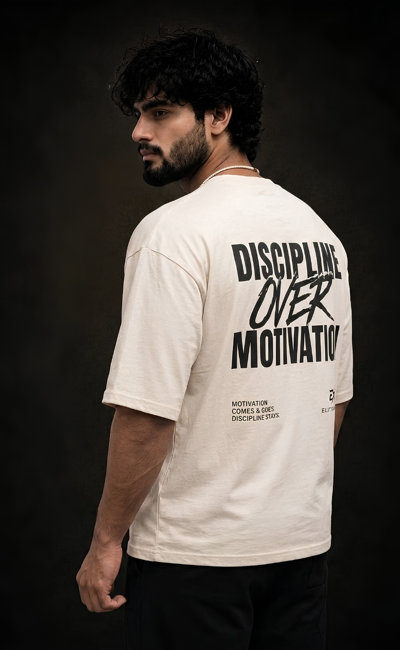 Skin tone oversized streetwear t-shirt with Discipline Over Motivation print -
Elitewear X